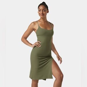 Halara‎ New M Everyday Split Strap Bodycon Midi Chill Dress Loden Olive Green
